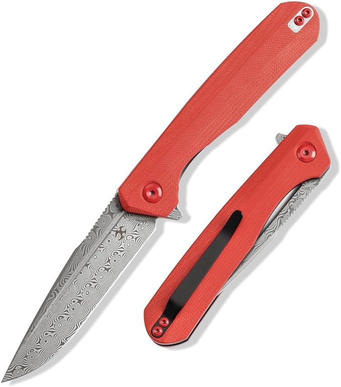 KANSEPT Qilin Pocket Knife,3.24'' Damascus Sharp Blade, Red G10 Handle for Edc, Flipper and Liner