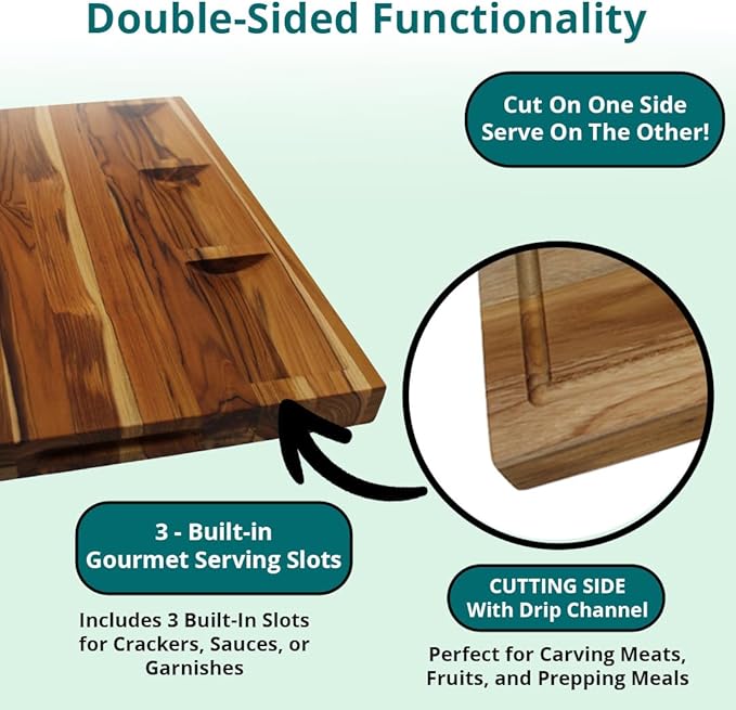 EcoDecors, Teak Cutting Board 20"x15" Reversible Edge Grain, Extra Large Solid Teak Wood Carving