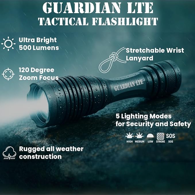 Guardian LTE Tactical Flashlight, 500 Lumens, Zoom?‘Focus, Water?‘Resistant IPX5, 5 Modes