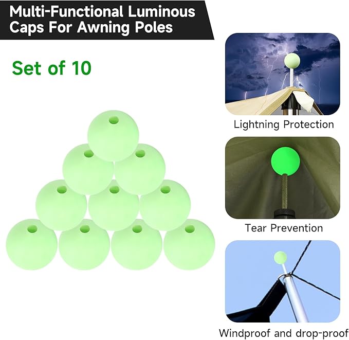 SANLIKE Tarp Pole Tip Cover 10PCS Luminous Tip Cap Ball for Camping Tent Poles, TPR Insulation