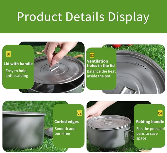 BY-J 3 Piece-Set, Outdoor Titanium Frying Pan & Pot with Lid Folding Handle Camping Hanging