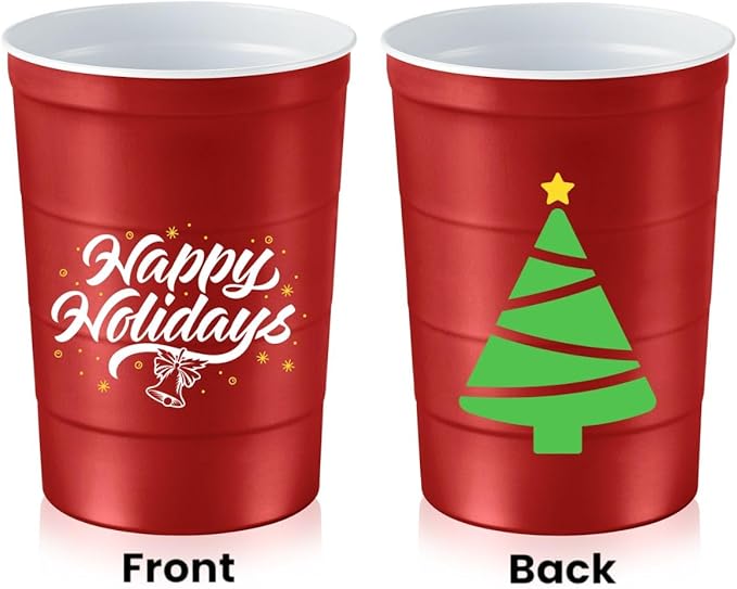 16 oz. Party Cups 'Happy Holidays' Christmas Tree Design for Cold Drinks, Durable, Disposable