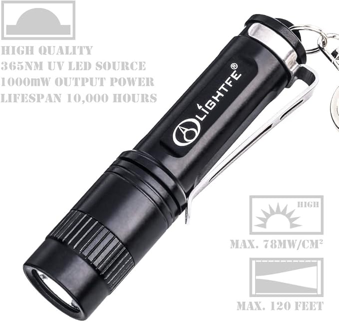 LIGHTFE Black Light 365nm UV Flashlight UV101D with High Power UV LED Source Keychain Light Powered