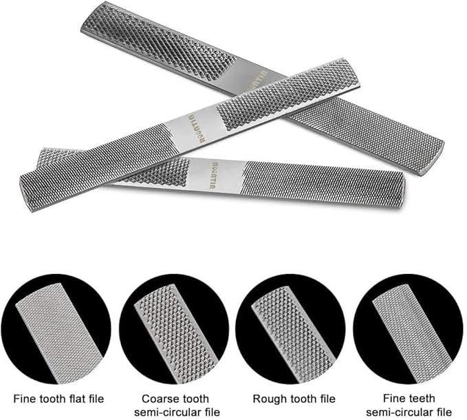 2P Hand File Set - 4 Way Rasp, Half Round, Flat & Needle Files for Wood & Metal Tools