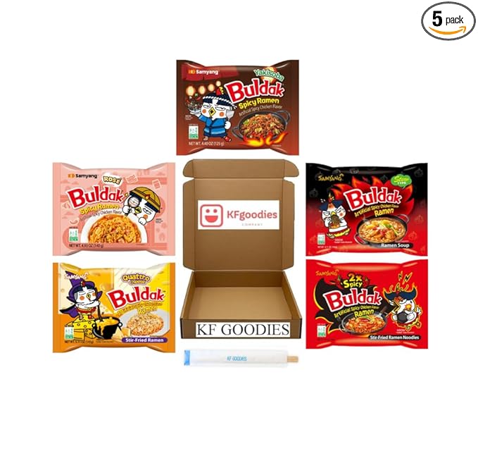 KF GOODIES Korean Ramen Variety Pack Gift Box (5 Count) – Spicy Buldak Noodle Assortment for