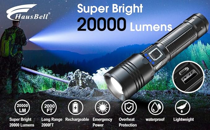 HAUSBELL A100 Upgraded LED Flashlights 20000 High Lumens, Zoomable Bright Flashlight with 5 Modes