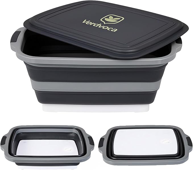 Collapsible BBQ Prep Tubs with Lids, Grill Cutting Board, Camping Sink with Drainage Hole for Meal