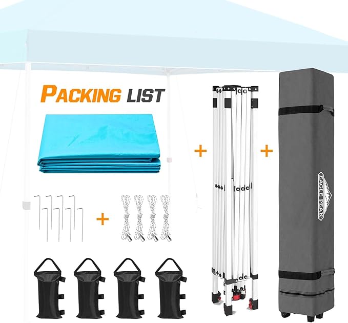 EAGLE PEAK Pop Up Canopy Tent with Wheeled Carry Bag, 8 Stakes, 4 Ropes, 4 Weight Bags, Easy Set Up