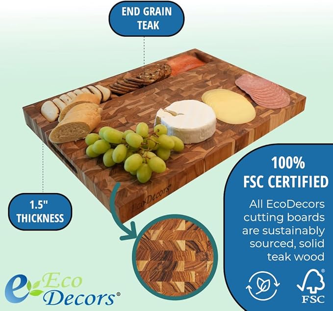 EcoDecors FSC Certified Solid Teak Cutting Board 20x15, Reversible End Grain Wood Board with 3