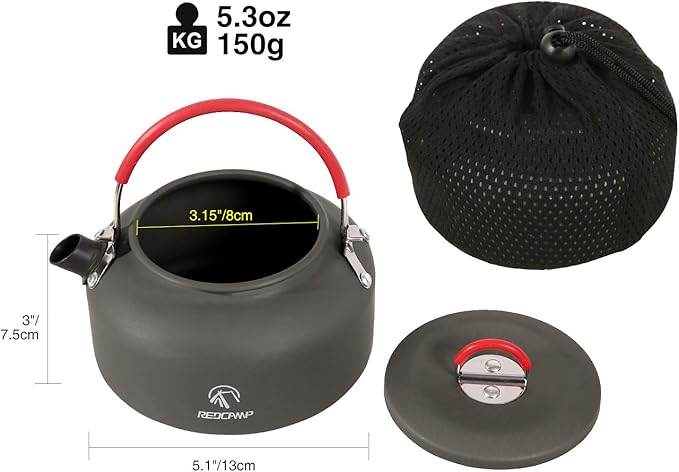 REDCAMP 0.8L Mini Outdoor Camping Kettle, Aluminum Water Pot with Carrying Bag, Compact Lightweight