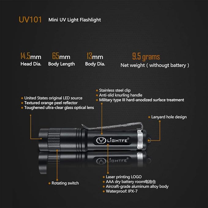 LIGHTFE Black Light 365nm UV Flashlight UV101D with High Power UV LED Source Keychain Light Powered