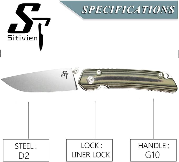 Sitivien ST128 Folding Knife,D2 Blade G10 Handle Safety Liner Lock EDC Tool Knife for Outdoor