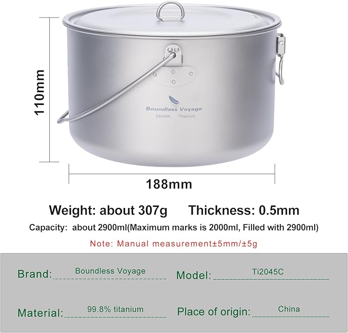 iBasingo Titanium Camping Pot with Lid 2.9L Ultralight Backpacking Cookware with Foldable Handle
