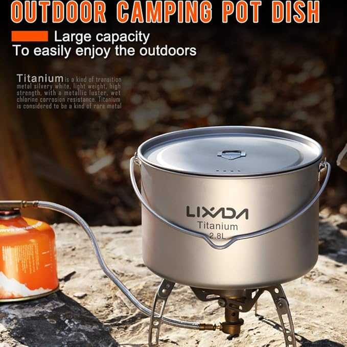 Lixada 1100ml/2800ml Titanium Pot Ultralight Portable Hanging Pot with Lid and Foldable Handle