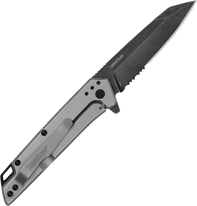 Kershaw Grid Folding Pocket Knife, 3.7 inch Black Serrated Blade, Steel Handle, Pocketclip &