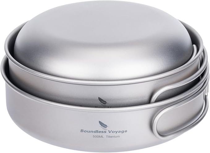 iBasingo 3-Piece Set Titanium Pot Set Camping Cooking Pan with Folding-Handle Outdoor Camp Cookware