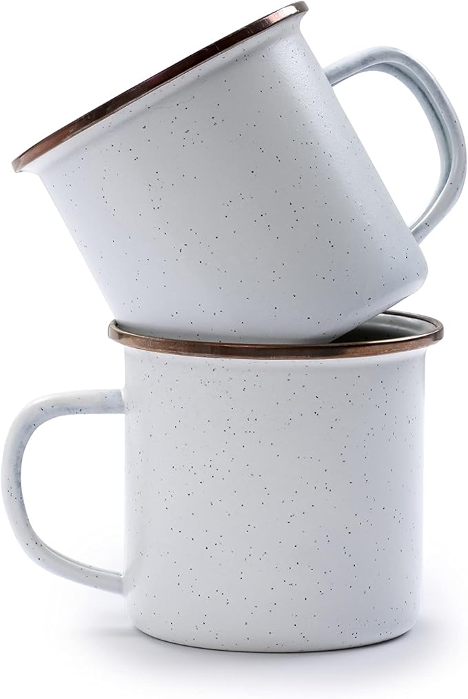 Barebones Enamel Cup Set- Enamel Coffee Mugs Set of 2 16-oz - Stainless Steel Rim Camping Mug for