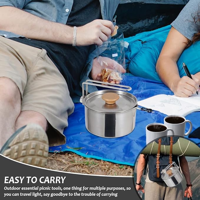 Stainless Steel Camping Pot with Lid and Removable Handle, Light Weight Outdoor Camping Kettle