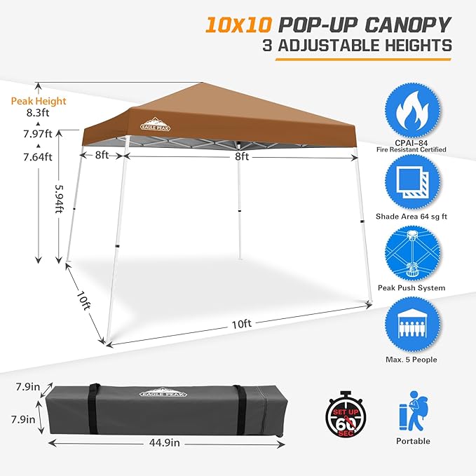 EAGLE PEAK 10x10 Slant Leg Pop-up Canopy Tent Easy One Person Setup Instant Outdoor Beach Canopy