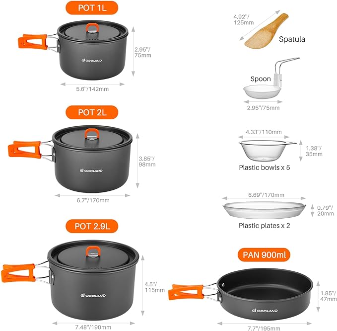 Odoland 15pcs Camping Cookware Non-Stick Lightweight Camping Pots and Pans Set with Plastic Plates