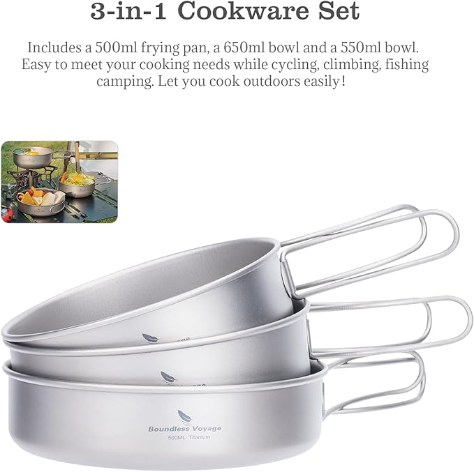 iBasingo 3-Piece Set Titanium Pot Set Camping Cooking Pan with Folding-Handle Outdoor Camp Cookware