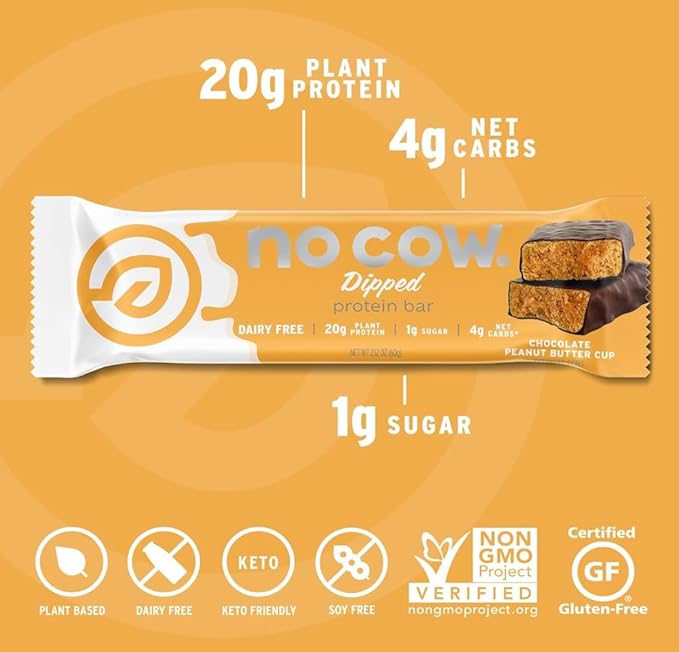 No Cow High Protein Bars, Dipped Variety Pack - Healthy Snack, 20g Vegan Protein, High Fiber, Low
