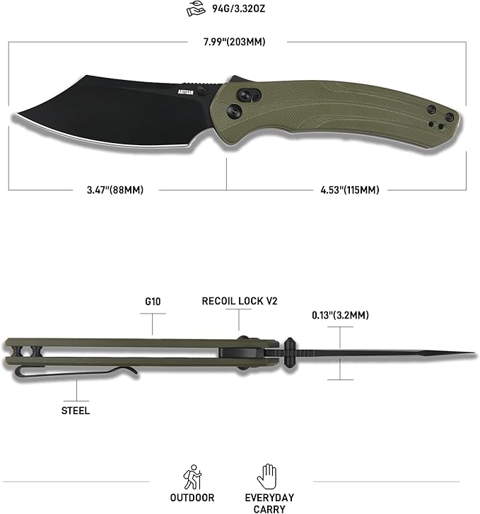 ARTISANCUTLERY Simoon Folding Knife, 3.47" AR-RPM9 Steel Blade G10 Handle Pocket Knife with Recoil