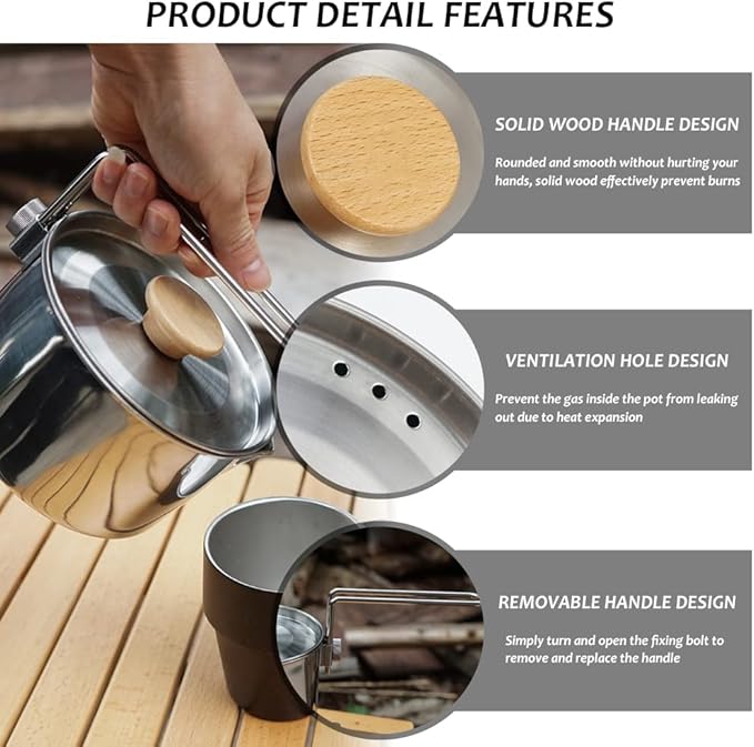 Stainless Steel Camping Pot with Lid and Removable Handle, Light Weight Outdoor Camping Kettle