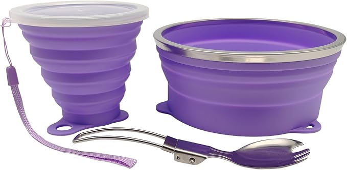 Mess Kit for Camping Silicone Collapsible Bowl Collapsible Cup and Stainless Steel Spoon for