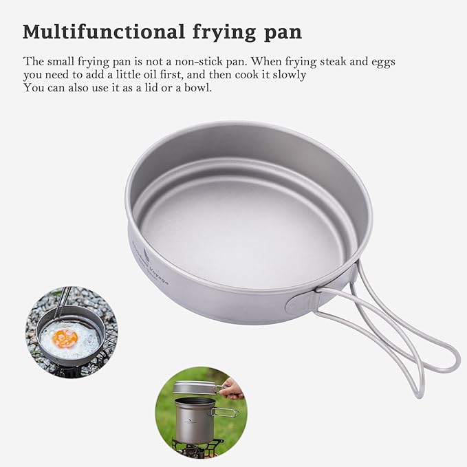 iBasingo Titanium Pot Pan Set with Folding Handle - Ultralight Portable Outdoor Cookware Mess Kit