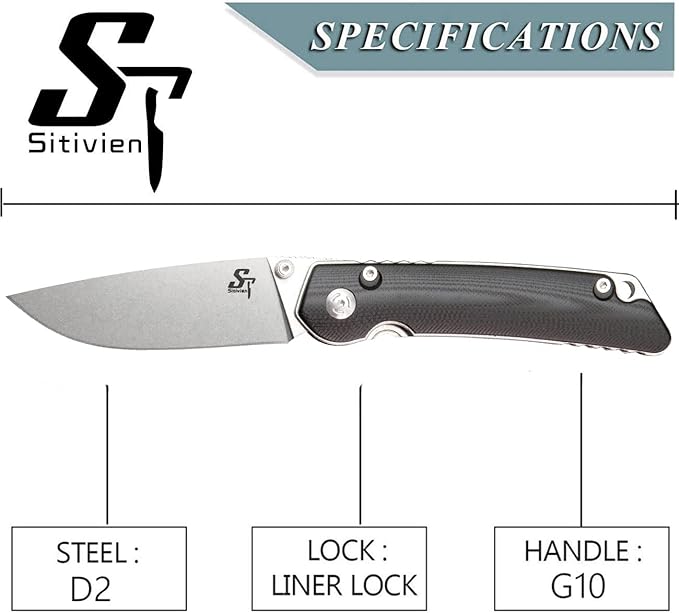 Sitivien ST128 Folding Knife,D2 Blade G10 Handle Safety Liner Lock EDC Tool Knife for Outdoor