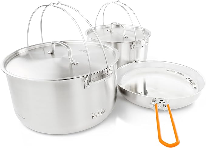 GSI Outdoors Glacier Stainless Troop Cookset, Compact Pan & Pot Camping Set, for Travel and