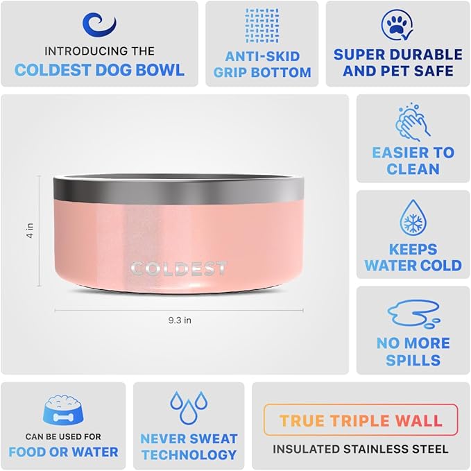 Coldest Dog Bowl - Anti Rust Metal, Non Slip, 3 Layers Insulated Stainless Steel Dog Bowls - Spill