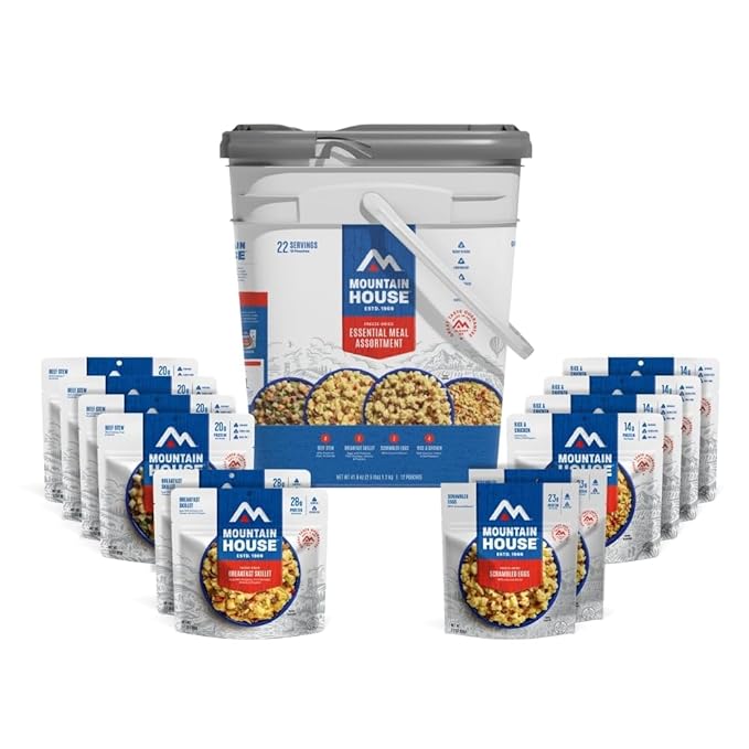 Mountain House Essential Meal Assortment Bucket | Freeze Dried Backpacking & Camping Food | 22