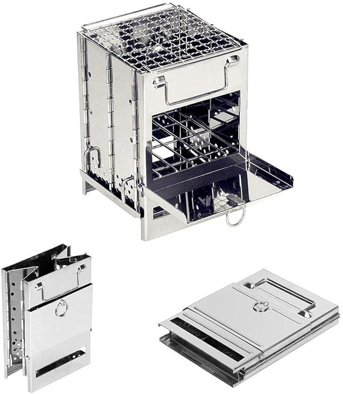 Camping Wood Burning Stove with Grill, Collapsible Backpacking Survival Rocket Stove Stainless
