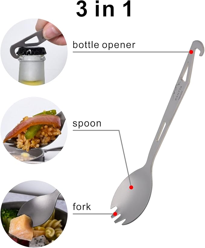 SANTTA Titanium Camping Spork Set of 2 Piece, Spoon Fork and Bottle Opener 3 in 1, Ultra light