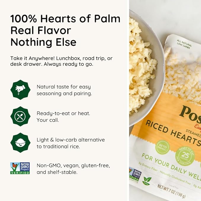 POSHI Riced Heart Of Palm | All Natural, Fully Cooked, Ready to Eat, Non-GMO, Low Calorie + Carb
