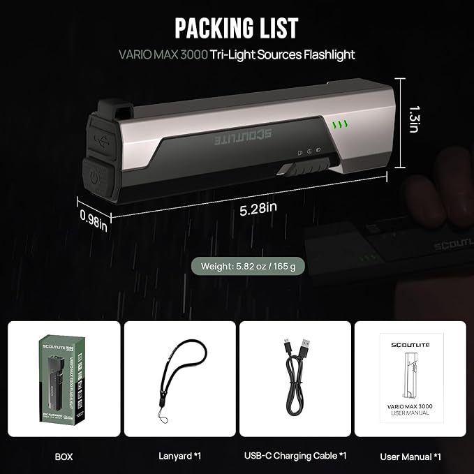 SCOUTLITE Vario MAX 3000 Handheld Flashlight, Rechargeable LED Pocket Light with White, Red and