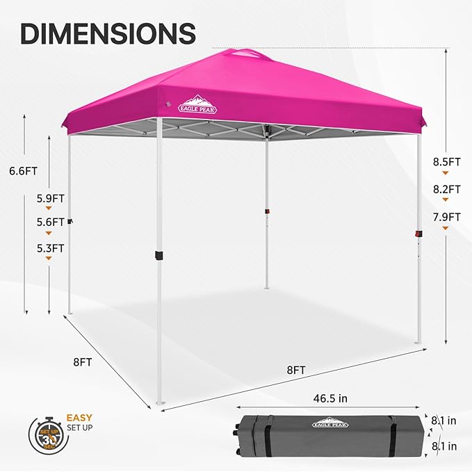 EAGLE PEAK Pop Up Canopy Tent with Wheeled Carry Bag, 8 Stakes, 4 Ropes, Easy Set Up Tent Canopy