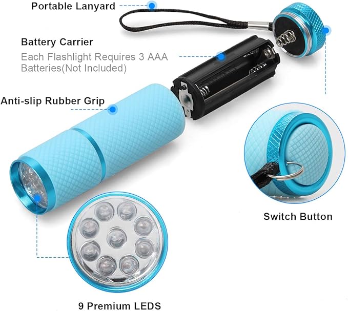 AHIER 9 LED Glow in Dark Flashlights, 12 Pack Rubber Coated Flashlights with Straps, Portable Handy