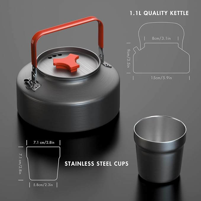 Lixada 1.1L Camping Kettle Set with Cups, Lightweight Aluminum Camp Tea Coffee Pot with Stainless