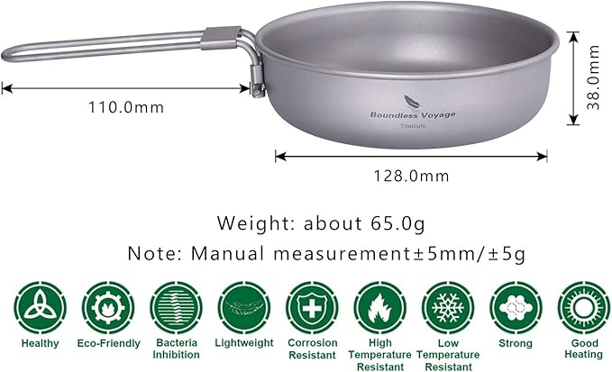 Boundless Voyage Titanium Frying Pan with Folding Handle Ultra-light for Camping Picnic Skillet