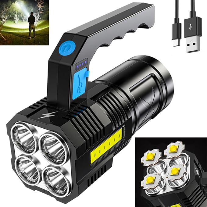LED Flashlight USB Rechargeable, High Lumens Tactical Light with Sidelight, 4X LED, Zoomable