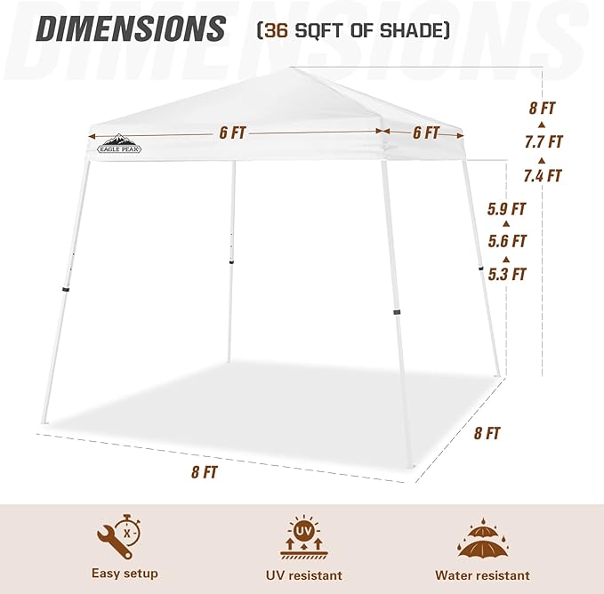 EAGLE PEAK 8x8 Slant Leg Pop-up Canopy Tent Easy One Person Setup Instant Outdoor Beach Canopy