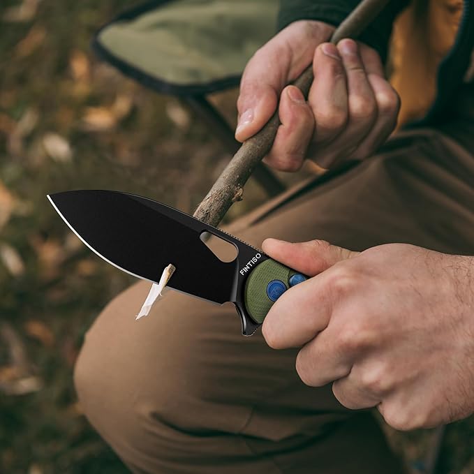 FINTISO Pocket Knife, 3.1" Premium 14C28N Blade Folding Knife with Button Lock, EDC Knife with G10