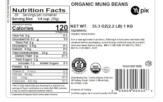 Yupik Organic Mung Beans, 2.2 lb (35.3 oz), USDA Certified, Kosher, Gluten-Free, Dried Legumes