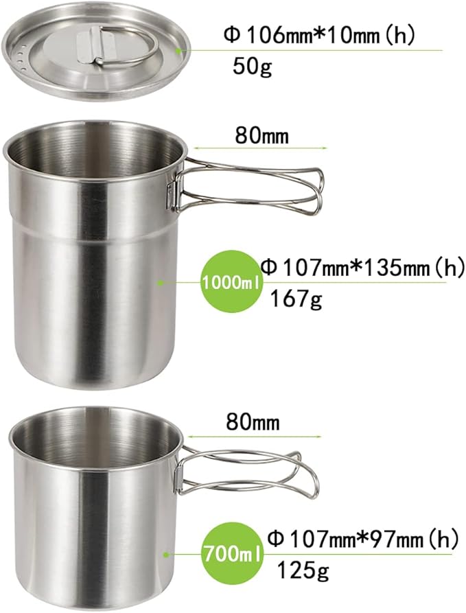 Camping Cups and Mugs Pot 2Pcs -304 Food Grade Stainless Steel - Outdoor Cookware Set with Vented