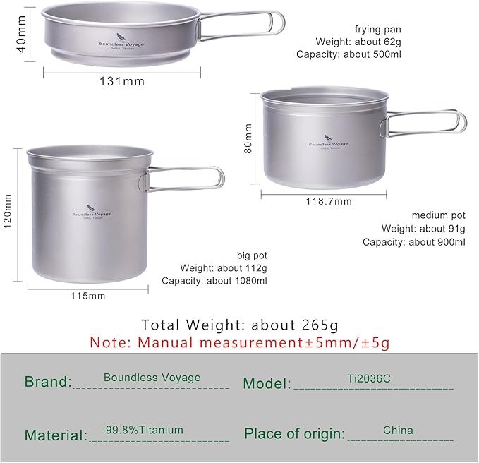 iBasingo Titanium Pot Pan Set with Folding Handle - Ultralight Portable Outdoor Cookware Mess Kit