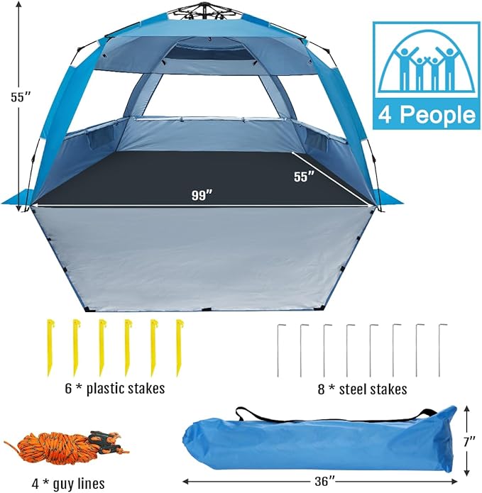 WhiteFang Deluxe Pop Up Beach Tent Sun Shade Shelter for 3-4/5-6 Person, UV Protection, Extendable