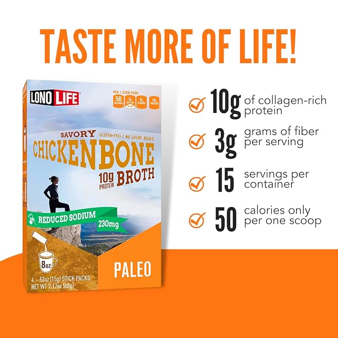 LonoLife Reduced Sodium Chicken Bone Broth Powder Mix | 10g Protein | Collagen-Rich, Keto & Paleo
